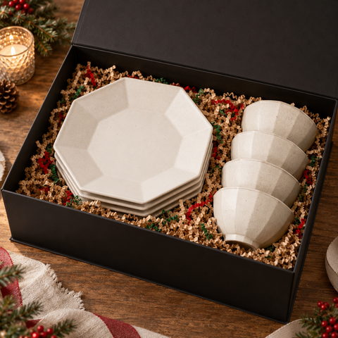 Mino Ware Octagon Ivory Dinner Set for Four in a black gift box