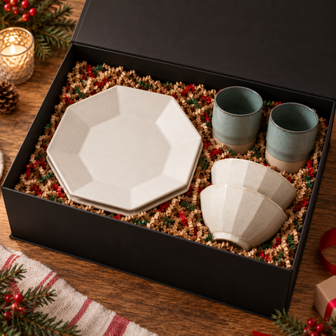 Mino Ware Octagon Ivory Dinner Set for Two in a black gift box