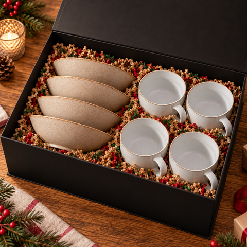 Mino Ware Wide Mug & Mini Bowl Gift Set for Four in a black gift box